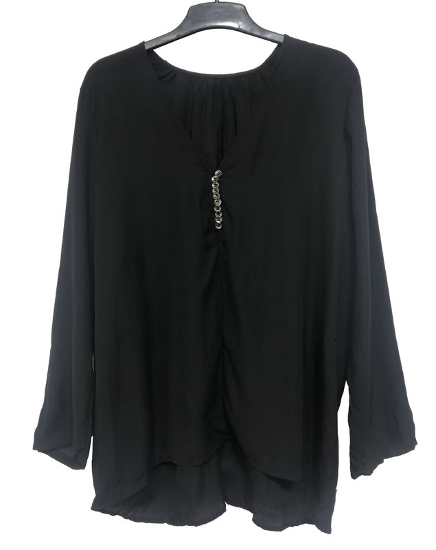 Cotton / Spandex Fashion Ladies Blouse Sweet Long Sleeve V Neck Black Color Plus Size