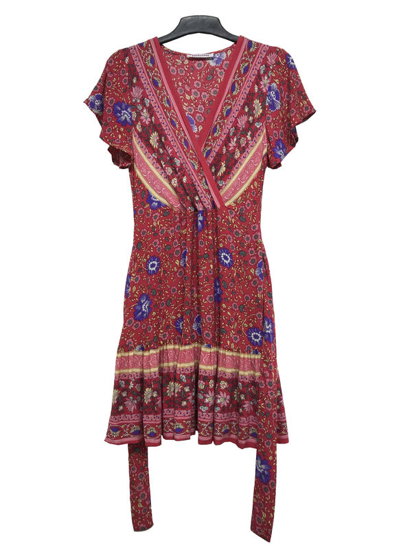 Viscose Floral Printed Slim Dresses With Crossover Neck And Belt Strap Fasten